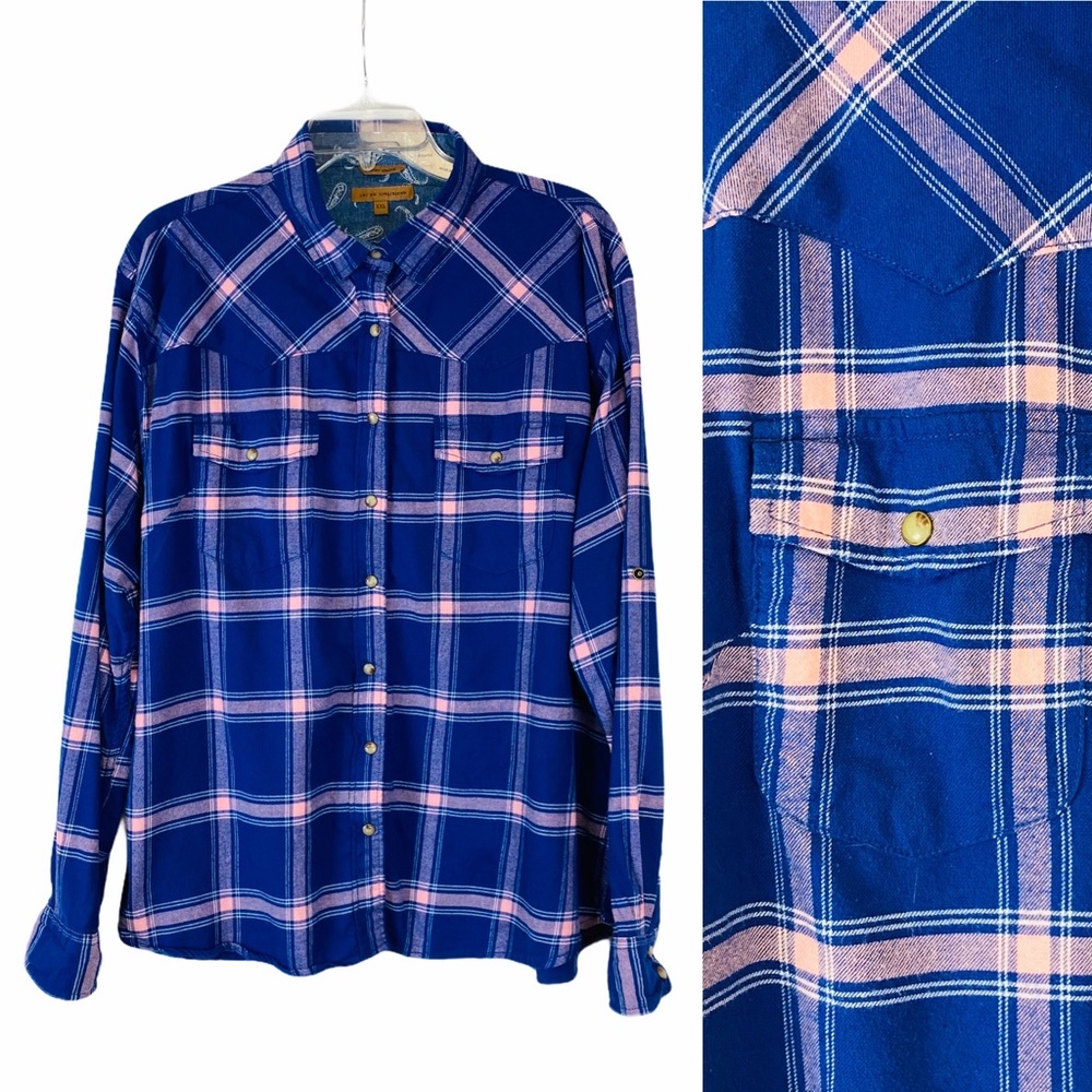 EUC Navy/Pink Snap Button Plaid Longsleeve Top